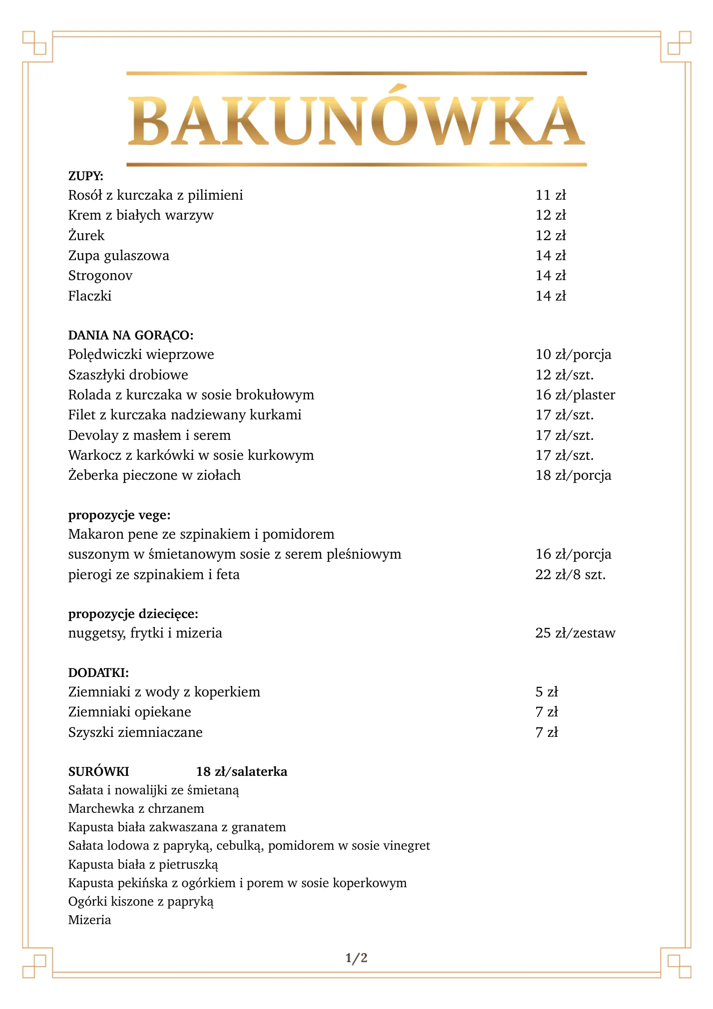 Menu cateringowe Bakunówki, strona 1: zupy, dania na gorąco, dodatki i surówki
