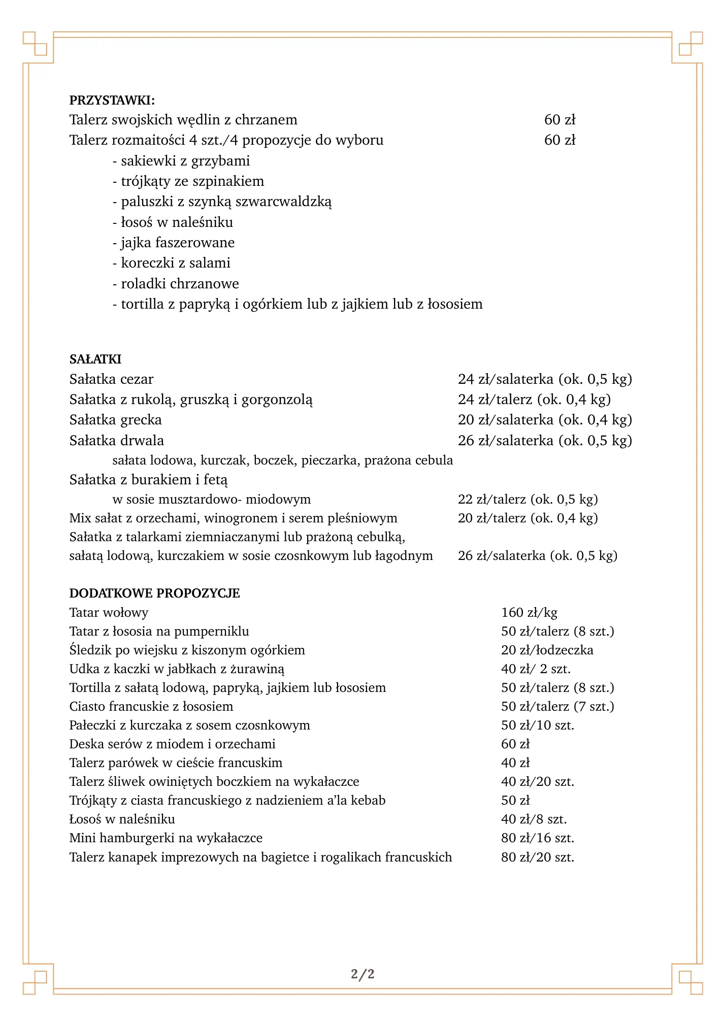 Menu cateringowe Bakunówki, strona 2: przystawki, sałatki i dodatkowe propozycje